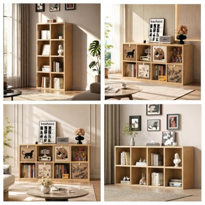 real Solid Wood 8 Cube Storage Organizer Shelf with 4 Bins,Low Bookcase, view 5