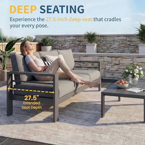 Aluminum Patio Furniture Set for All Weather, Oversized Metal Outdoor Furniture Set with 27.5" Deep Seating and 3.2" Wide Armrest, Outdoor Patio Conversation Sets with 10" Back Suport Cushion