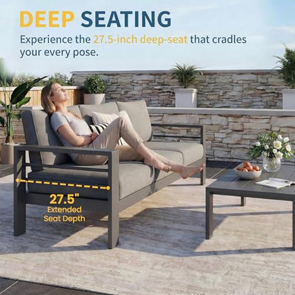Aluminum Patio Furniture Set for All Weather, Oversized Metal Outdoor Furniture Set with 27.5" Deep Seating and 3.2" Wide Armrest, Outdoor Patio Conversation Sets with 10" Back Suport Cushion
