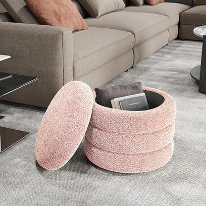 Storage Ottoman, Round Ottoman with Storage, Vanity Stool Foot Rest with Removable Lid, Round Boucle Upholstered for Living Room Pouf Footstool (Pink)