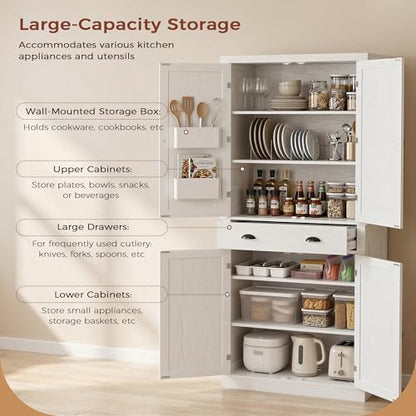 72.6" Tall Farmhouse Kitchen Pantry with Drawer and Adjustable Shelves, Freestanding Storage Cabinet with X-Design Doors, Large Floor Cupboard for Kitchen, Dining Room, White
