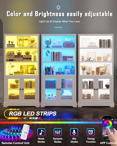 5-Tier Bookshelf, 65" Bookshelf with Multi-Color Ambient Lights (APP Remote Control), Tall Vertical Display Shelf with Cabinet Doors, Suitable for Living Room, Bedroom, Study, Office, White