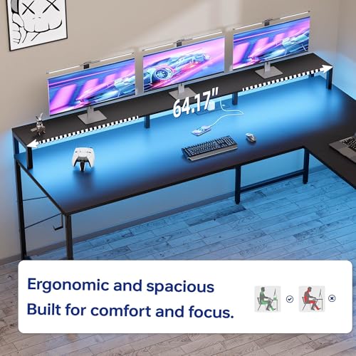 64 Inch L Shaped Gaming Desk with Monitor Stand and Power Outlets, view 5