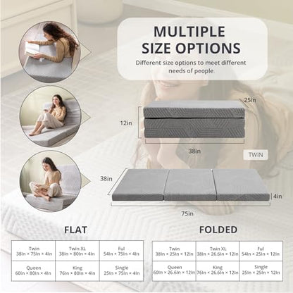 CH Charme House Folding Mattress, 4 Inch Single Tri Folding Memory Foam Mattress for Camping Guest Bed, Washable Cover & Non-Slip Bottom, 75" x 25" x 4", Grey