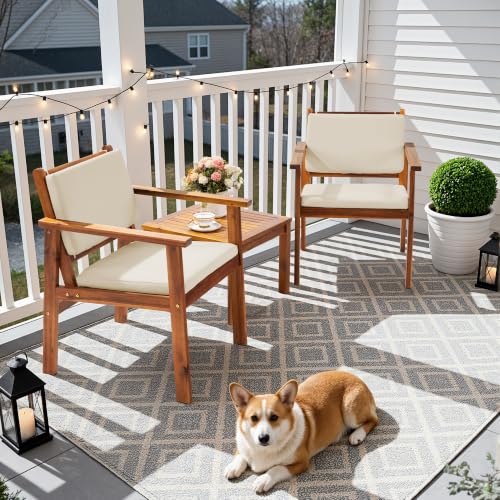 Patio Chairs 3 Piece Acacia Wood Patio Furniture with Coffee Table & Cushions Outdoor Conversation Set Balcony Chairs for Porch, Deck, Backyard