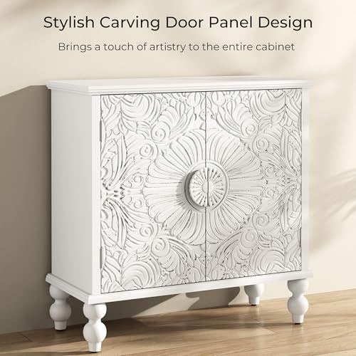 Solid Wood Buffet Cabinet, Accent Cabinet, 2 Carved Doors, White, view 4