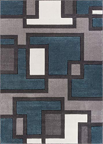 Uptown Squares Blue Grey Modern Geometric Comfy Casual Hand Carved 9x13 (9'3'' x 12'6'') Area Rug Easy to Clean Stain Fade Resistant Abstract Boxes Contemporary Thick Soft Plush Living Dining Room Rug