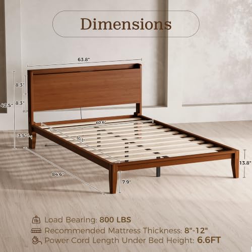 Bamboo Wood Queen Bed Frame with Charging Station & Headboard, view 3