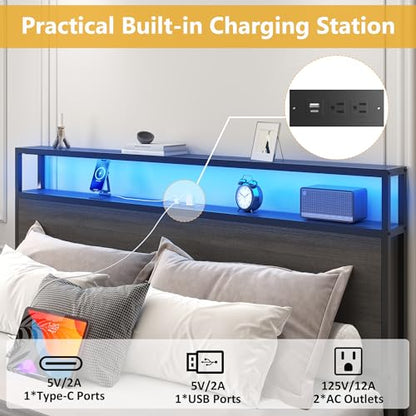 Metal Platform Bed with Storage and Charging Station, Rustic Grey, view 6