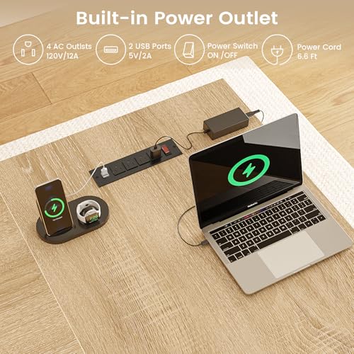 59 Inch L Shaped Electric Standing Desk with Drawers, Executive Adjustable Desk with Power Outlets, Sit Stand Computer Table for Home Office, Oak