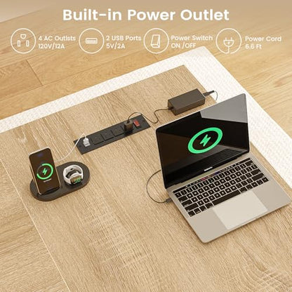 59 Inch L Shaped Electric Standing Desk with Drawers, Executive Adjustable Desk with Power Outlets, Sit Stand Computer Table for Home Office, Oak