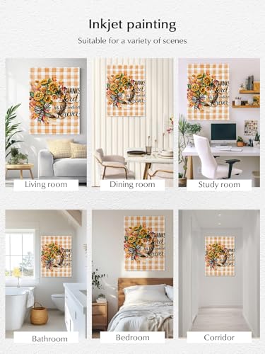 NuYeBiofx Autumn Sunflower Wreath Watercolor Canvas Wall Art Prints,40"x28" Framed Picture Artwork Orange Buffalo Plaid Printed Canvas Oil Painting for Living Room Bedroom Office,Ready to Hang