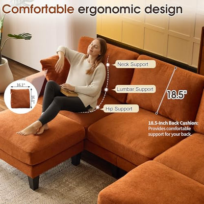 100" W U Shaped Couch with Ottoman, 22" Deep Seat Comfortable Sectional Couches for Living Room, 3 Seater Chenille Fabric Cloud Sofa for Apartment, Small Spaces, Bedroom, Orange