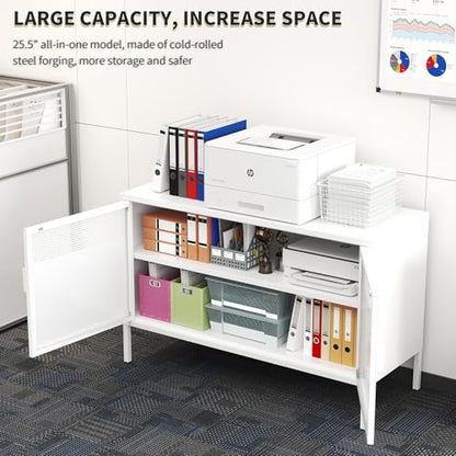 White Metal Storage Cabinet with 2 Doors - 25''H TV Stand, 2 Tier Locker with Adjustable Shelves, Multipurpose TV Cabinet for Office, Home, Living Room, Kitchen