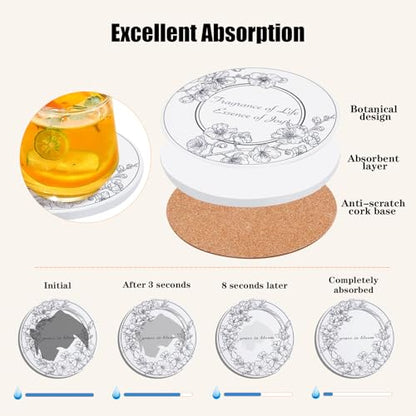 6Pcs Ceramic Coasters Set with Holder - 6 Unique Designs Absorbent Drink Mats for Coffee Table, Modern Home Decor Coasters with Cork Base Suitable for All Cups, Ideal Housewarming Gift 4 Inch