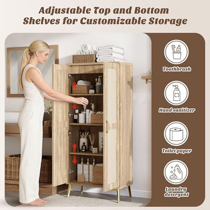 Tall Bathroom Storage Cabinet 57" Rattan Pantry Cabinet, Wood | With Doors and Adjustable Shelves, Freestanding Linen Closet & Wardrobe for Bathroom Laundry Bedroom, Anti-Tipping Device