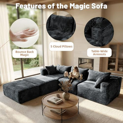 110 Modular Sectional Boneless Sofa with 2 Ottomans, Corduroy U-Shaped Modular Sectional Sofa, Convertible Cloud Couch with Deep Seats, No Assembly Required (Grey, 110" 3Seat+2 0ttoman)