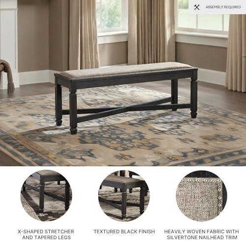 Signature Design by Ashley Tyler Creek Farmhouse Upholstered Dining Room Bench with Tapered Legs, Heavy Woven Fabric, Wood, 19.5" High Seat, Black & Gray