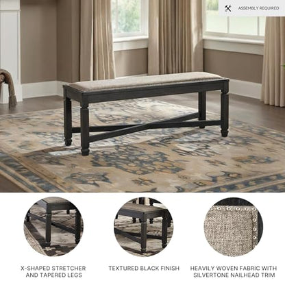 Signature Design by Ashley Tyler Creek Farmhouse Upholstered Dining Room Bench with Tapered Legs, Heavy Woven Fabric, Wood, 19.5" High Seat, Black & Gray