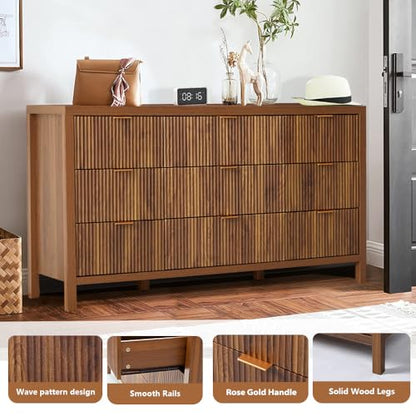 Mid Century Modern Dresser TV Stand, 9 Drawer Dresser for Bedroom Wood, Farmhouse Boho Storage Cabinet Side Table with Solid Natural Wood Legs, Long Wooden Nightstand for Closet (Walnut)