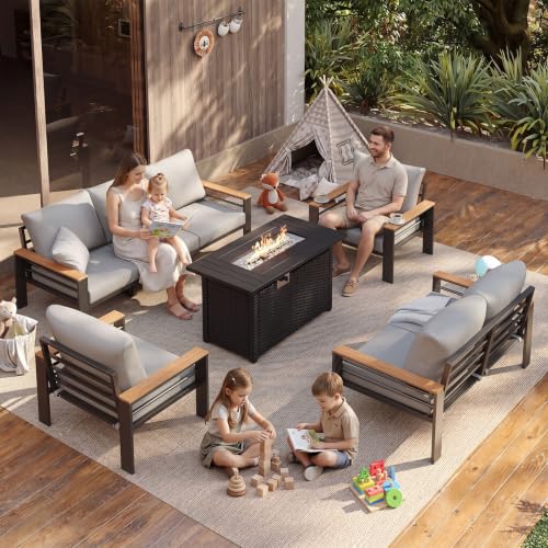 Patio Furniture Set, Aluminum Patio Set with Fire Pit Table and 5" Thicken & Washable Cushion, Waterproof Outdoor Furniture, Outdoor Couch Sectional for Backyard (7 Seats/F, Grey)