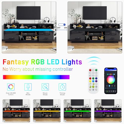 LED TV Stand for 80 Inch TV, Modern Tall Entertainment Center with Power Outlets, High Gloss TV Stand, Gaming TV Media Console with Glass Shelf for Living Room, 71 Inch, Black