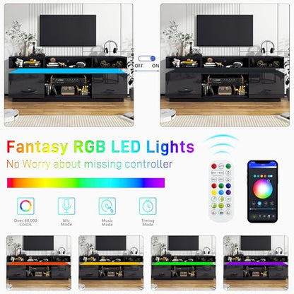 LED TV Stand for 80 Inch TV, Modern Tall Entertainment Center with Power Outlets, High Gloss TV Stand, Gaming TV Media Console with Glass Shelf for Living Room, 71 Inch, Black