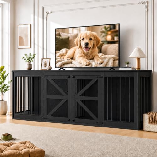 94in Double Dog Crate Furniture, Dog Kennel TV Stand, Black, view 2