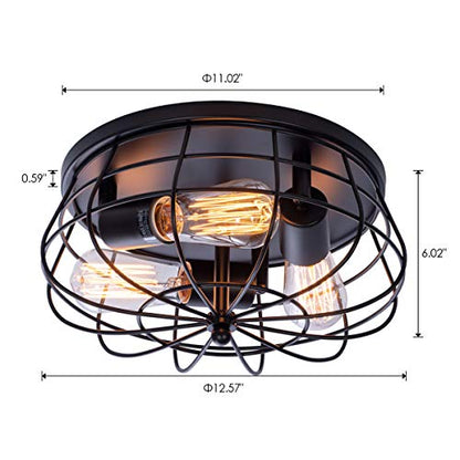 Industrial Black Semi Flush Mount Ceiling Light 3-Light Rustic Ceiling Lamp Fixture with Metal Cage for Kitchen Living Room Dining Room Bedroom Hallway