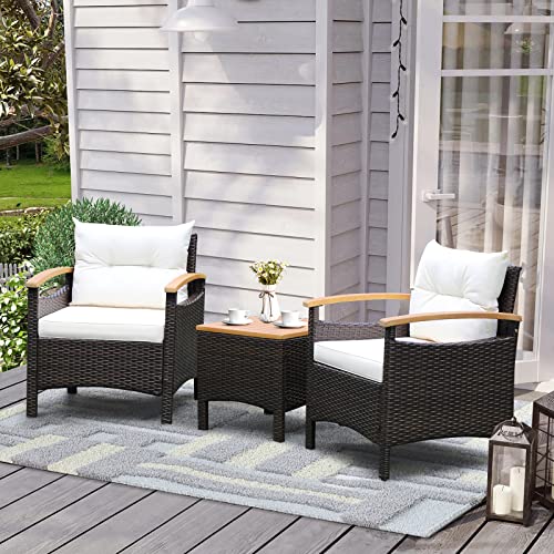 3-Piece Patio Furniture Set, Patiojoy Outdoor Rattan Sofa Set with Coffee Table, Patio Conversation Set with Removable Cushion, Cozy Acacia Wood Armrests for Backyard, Poolside (Off White)