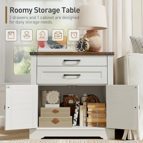 Farmhouse End Table with Charging Station, 24'' Sofa Side Table with 2 Drawers and Barn Door, Large Rustic Wooden Square Nightstand for Bedroom, Living Room, White and Walnut