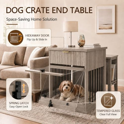 3-in-1 Dog Crate End Table with Charging Station & Drawer (Antique Grey), view 5