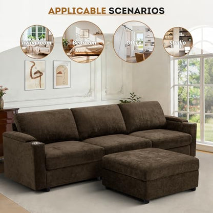 108'' Chenille Sectional Couch with Storage Armrests,L Shaped Upholstered Sofa with Movable Ottoman, 4-Seat Modular Couch with Cup Holders for Living Room, Brown