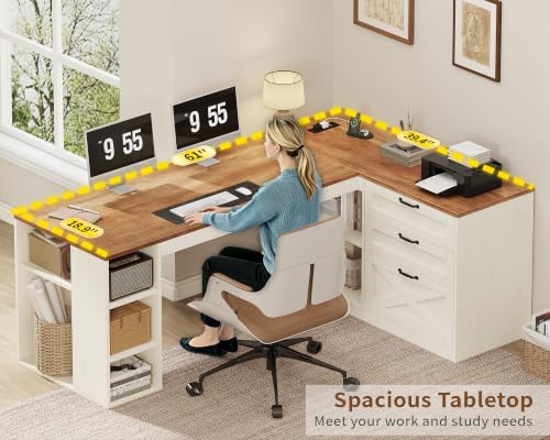 Farmhouse L Shaped Computer Desk with Drawers, Power Outlet for Home Office, view 8
