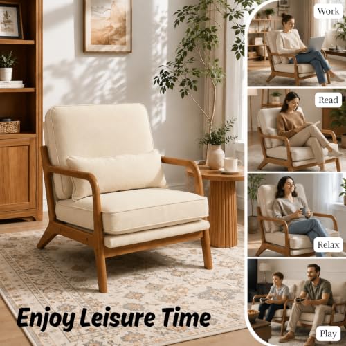 Beige Linen Upholstered Accent Chairs with Solid Wood Frame and Lumbar Pillow, view 5