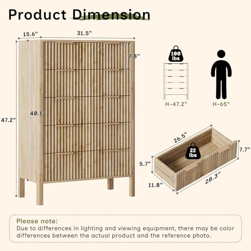 Fluted Oak 5 Drawer Dresser, view 3