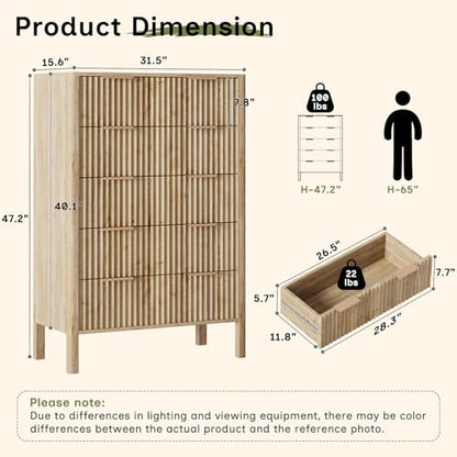 Fluted Oak 5 Drawer Dresser, view 3