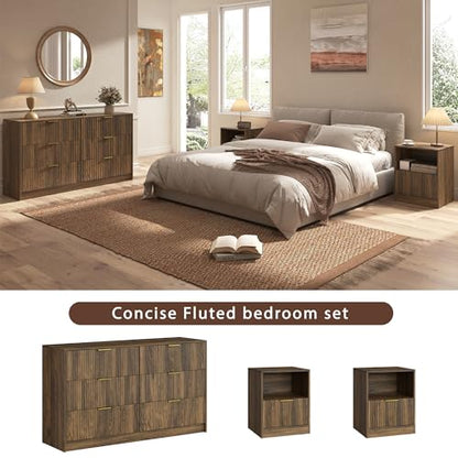 3-Piece Modern Bedroom Furniture Set, Wide 6-Drawer Dresser & 1-Drawer Nightstands Set of 2, Natural Wood Dresser and Nightstand Sets for Bedroom, Hallway, Walnut