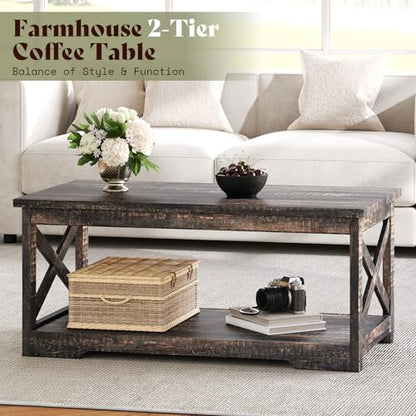 3-Piece Farmhouse Table Set Includes Coffee Table& Two End Tables, Side Table with Charging Station and USB Ports, for Living Room, Dark Oak