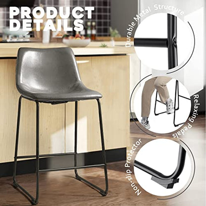 Waleaf 26 inch Bar Stools Set of 2,Counter Height Bar Stools with Back, Modern PU Leather Stools with Metal Leg and Footrest (Grey, 2 Pcs 26" Counter Height Barstools)