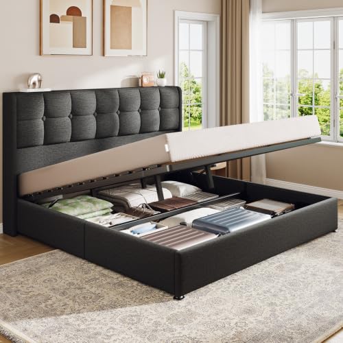 Upholstered King Size Lift Up Storage Bed Frame, Wingback Headboard, view 2