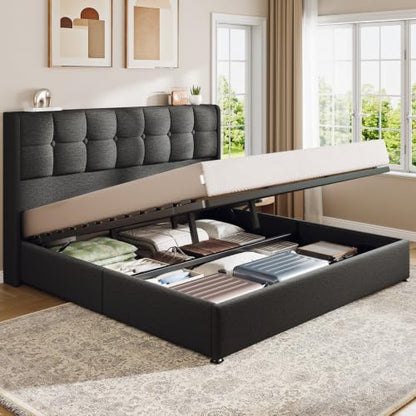 Upholstered King Size Lift Up Storage Bed Frame, Wingback Headboard, view 2