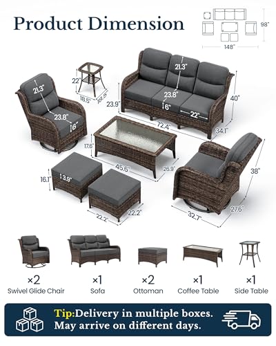 Luxury Outdoor Patio Furniture Set with 6-Inch Thick Cushions, High Back Wicker Swivel Rocker Chairs, 7 Pcs All Weather Conversation Set for Large Deck, Yard and Poolside, Gray (V3)
