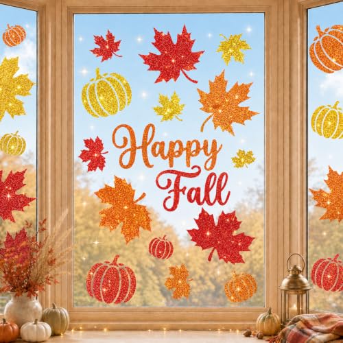 Glitter Fall Window Clings Autumn Thanksgiving Window Stickers Decals Decor, view 2