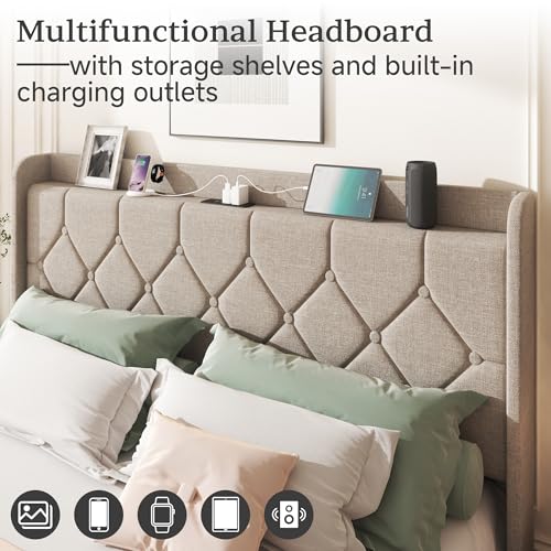 King Size Bed Frame with Diamond Tufted Linen Headboard & Storage Shelf, view 5