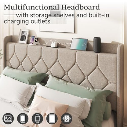 King Size Bed Frame with Diamond Tufted Linen Headboard & Storage Shelf, view 5