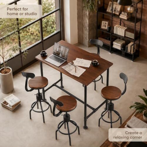 Industrial Bar Table with Set of 4 Bar Stools with Back Rustic 5 Pieces Dining, view 8