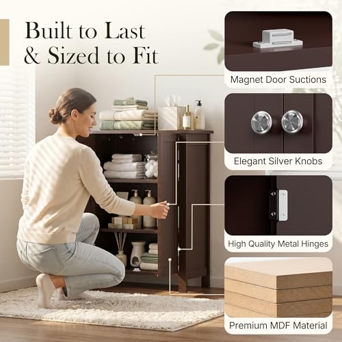 Modern Bathroom Floor Storage Cabinet with Adjustable Shelf and Double Door Rust Proof, Living Room Modern Home Furniture Storage Organizer Cabinet, Brown