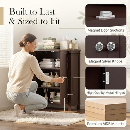 Modern Bathroom Floor Storage Cabinet with Adjustable Shelf and Double Door Rust Proof, Living Room Modern Home Furniture Storage Organizer Cabinet, Brown