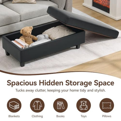 45" Faux Leather Storage Ottoman Bench with Wooden Tray, Black Large Upholstered Foot Stool, Multifunctional Coffee Table Storage Bench with Solid Wood Legs for Living Room Bedroom Entryway